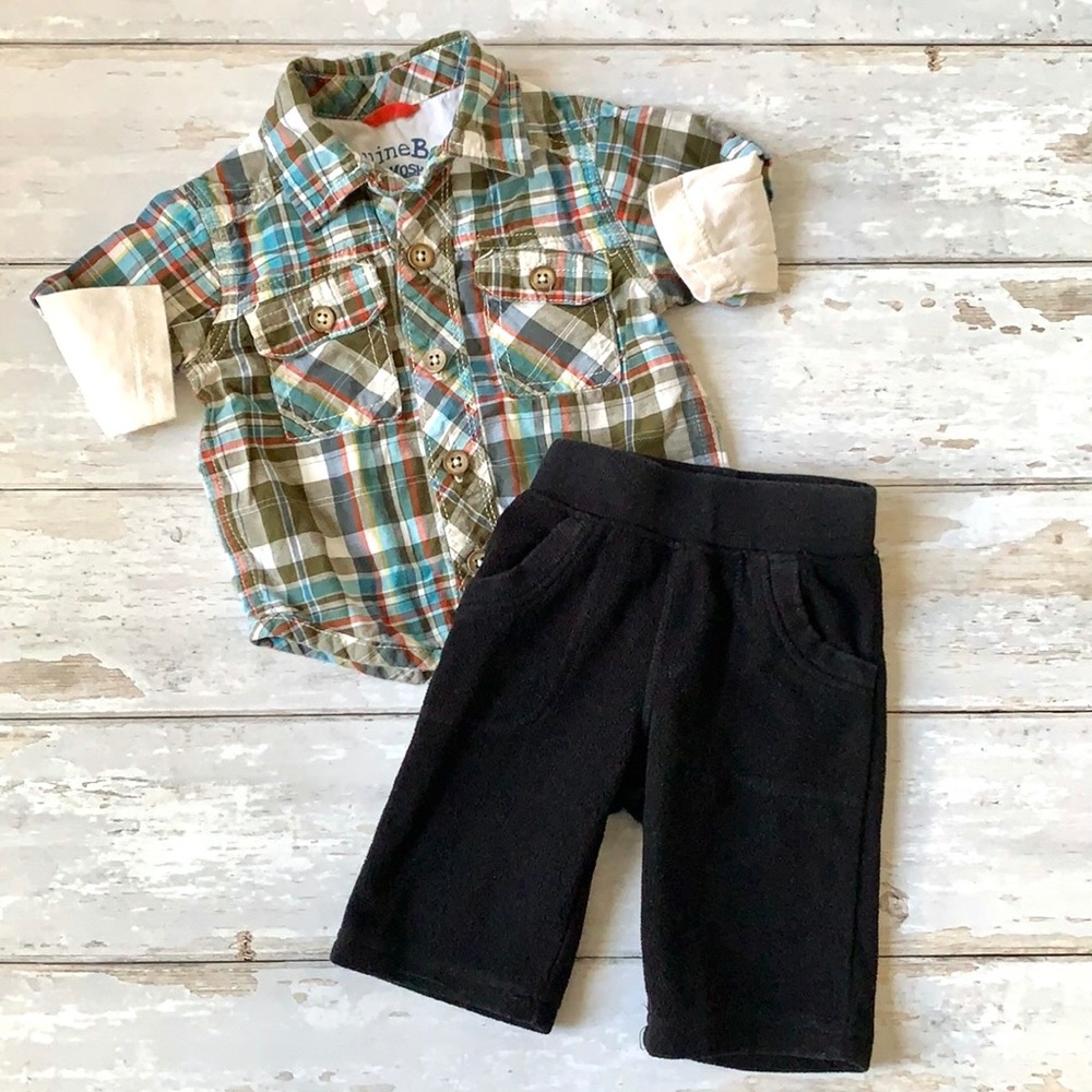 Baby Boy Newborn NB OshKosh Plaid Button Up Shirt & Black Pants